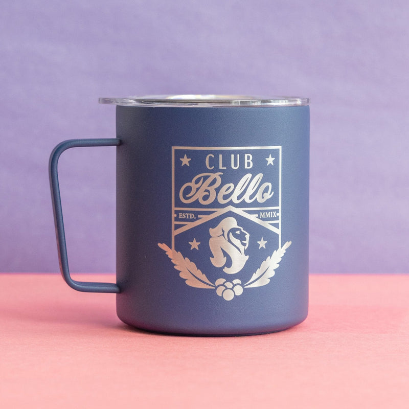 Navy Miir camp cup with etched lion head and coffee beans 