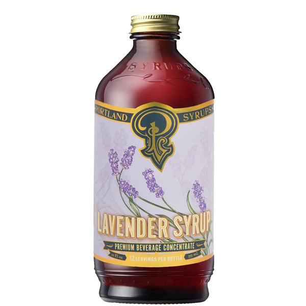 glass bottle of lavender syrup 
